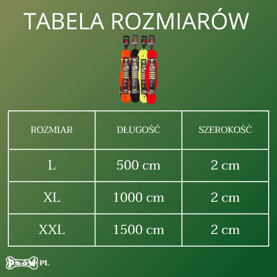 tabela rozmiarow smycz treningowa dla psa z nylonu