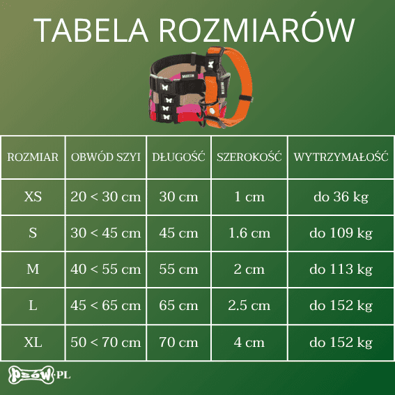 tabela rozmiarow Obroża z nylonu dla psa regulowana