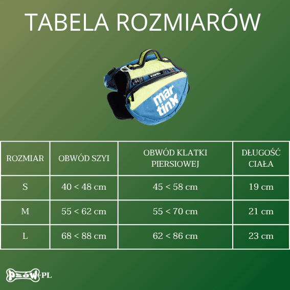 tabela rozmiarow Plecak dla psa szelki z sakwami niebieski/zielony